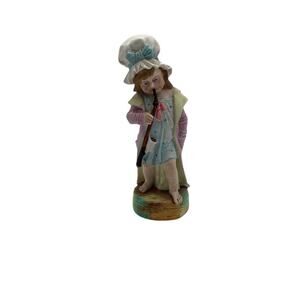 Antique Victorian Bisque Figurine Girl Smoking Pipe Pastel Colors